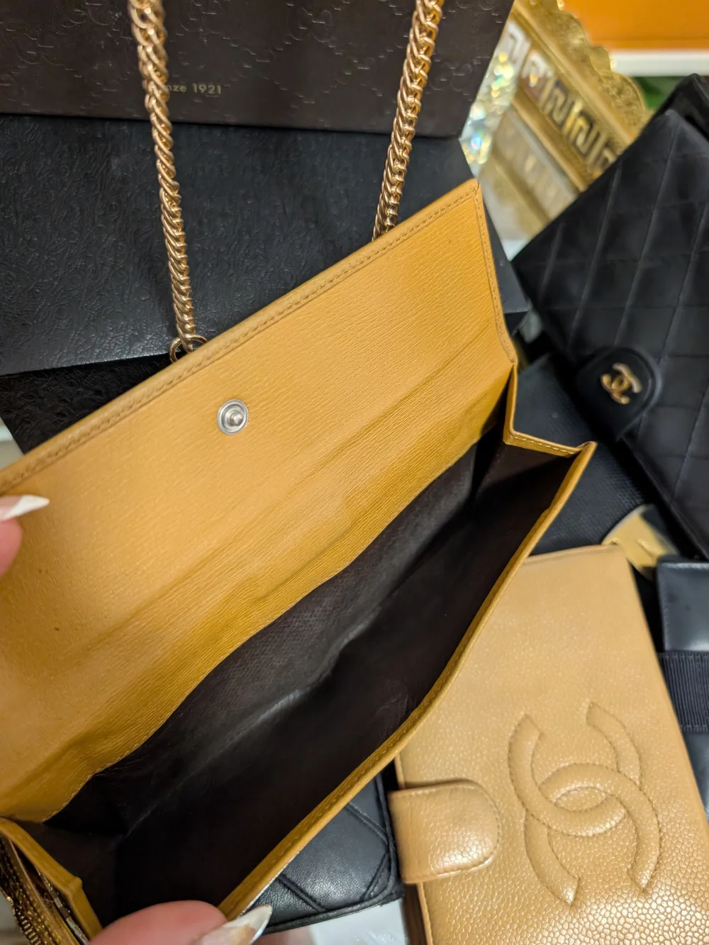Gucci Camel Brown Leather Chain Crossbody Bag with Gold Hardware